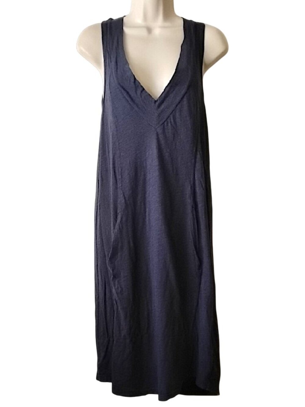James Perse Cotton Slub Knit Tank T-shirt Dress 3 Navy Kangaroo Pocket